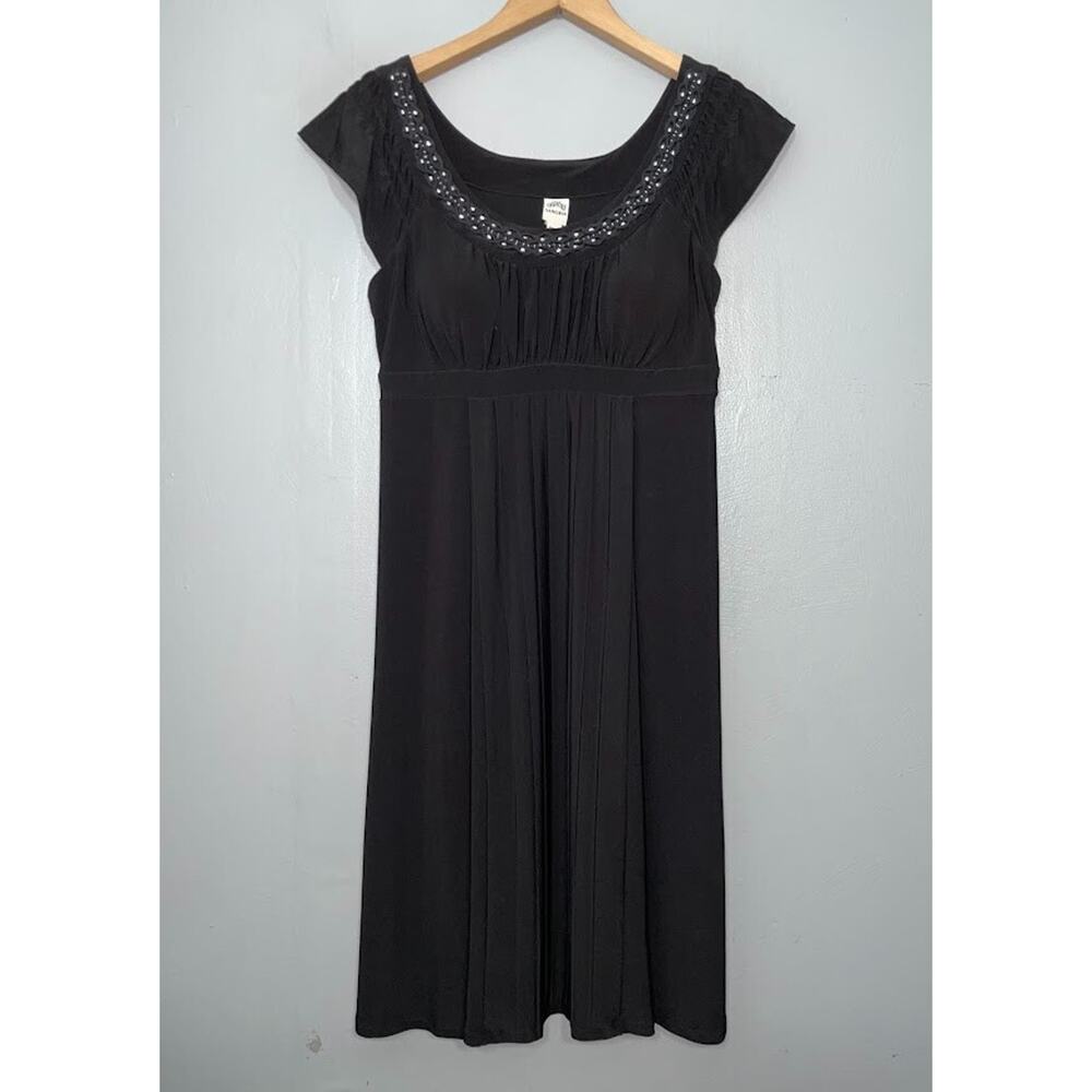 Sangria Sz 6 Black Embellished Dress Travel Slinky Knit Easy Care Goth Babydoll